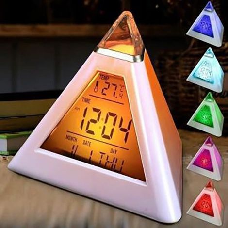 Réveil LCD pyramide 7 couleurs colorées avec thermomètre et veilleuse de nuit (1/4)
