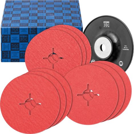 PFERD TOOLS Fiberscheiben-Set 10-tlg. Keramikkorn Ø 125 mm CO-COOL36,60,80 mit HGT-Stützteller Edelstahl (1/5)