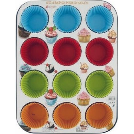 TrAdE Shop Traesio - Stampo Teglia Vassoio Antiaderente Per 12 Muffin Dolci Con Pirottini In Silicone -