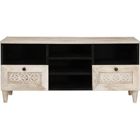 Meuble TV en Bois de Manguier Massif Blanc Blanchi 100x33x46 cm, Console de Salon avec Rangement, Design Moderne et Robuste (1/5)