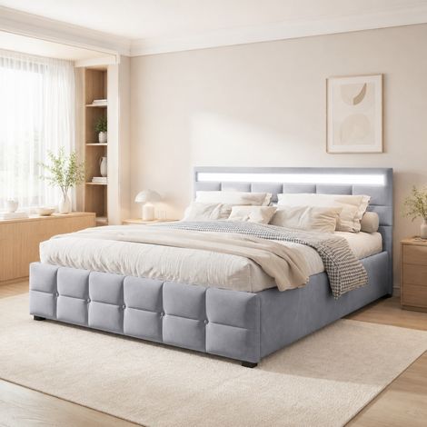 DESMIU Lit coffre 180 × 200 cm 2 places avec LED, hydraulique, sans matelas, en velours, gris (1/4)