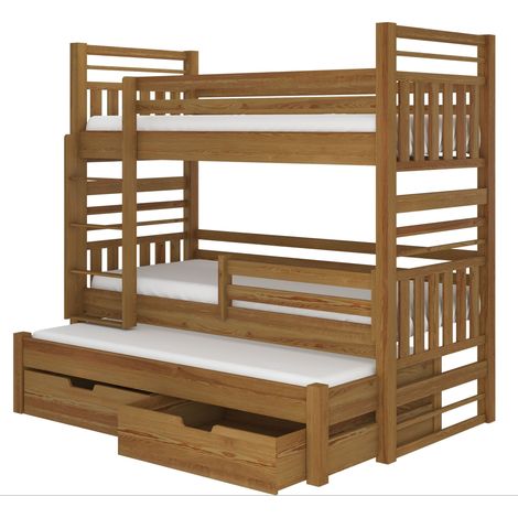 Lit superposé 3 couchages avec 2 tiroirs de rangement bois oak 90x200 Niko (1/5)