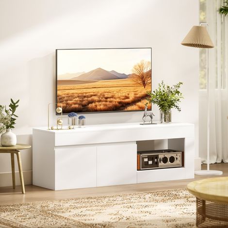 Meuble TV bas moderne pour le salon, avec 2 portes, compartiment ouvert et poignées, pour téléviseurs jusqu'à 60 pouces, 140 x 40 x 48 cm, blanc (1/5)