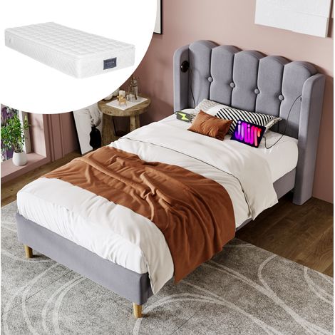 MEUBLIV Cama 90x200 cm gris, USB y Type-C, cabecero acolchado con colchón (1/5)
