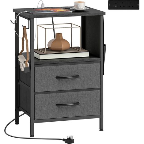 Table basse avec station de charge USB-C, acier, tiroirs, crochets, noir 40x30x60 cm