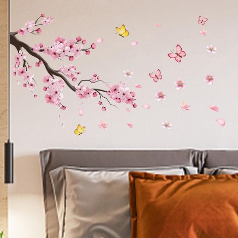 Décor mural adhésif fleurs de cerisier roses, stickers muraux pour chambre, salon, fond TV, autocollants déco réutilisables (1/5)