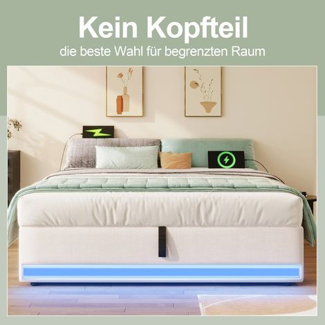 Lit capitonné 140x200 cm avec éclairage LED, ports USB-C, rangements latéraux, sommier hydraulique, sans dossier, matelas exclu, couleur beige (1/5)