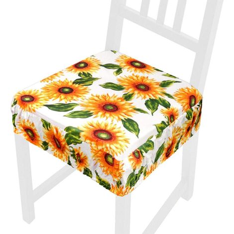 Cuscino Sedia Cotone Sfoderabile Lavabile Fascia Elastica Coprisedia Girasoli 100% Made In Italy - Bianco