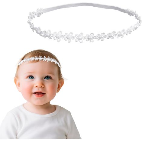 Bandeau Baptême pour Bébé Fille, 42cm Blanc Fleur Bandeau Baptême Dentelle Douce Élastiques à Cheveux pour Tout-Petits avec Perles Accessoires Cheveux Cadeaux Nouveau-Nés Nourrissons (1/5)