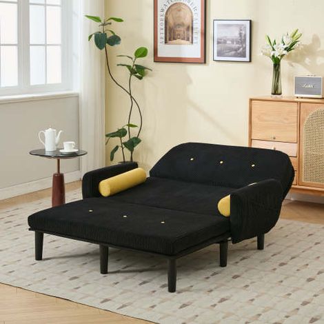 2-Sitzer-Schlafsofa, kleines Cord-Schlafsofa, günstiges Klick-Klack-Schlafsofa, Chaiselongue, 2 runde Kissen, Schwarz