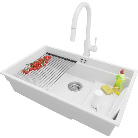 PRIMAGRAN Evier Cuisine en Granit 76x47cm, Lavabo 1 bac + Robinet 40x20cm + Kit de Vidage + Accessoire, Évier à Encastrer au meuble 80cm - Prague Slim, Blanc (1/5)