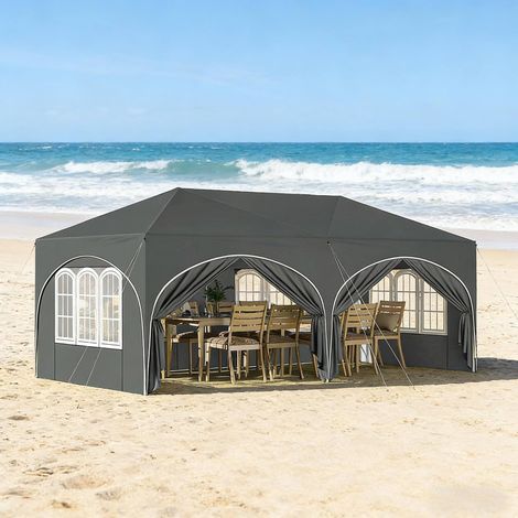 Tonnelle pliante 3x6 m avec 6 parois amovibles, hauteur réglable, protection UV 50+, tissu Oxford gris (1/5)