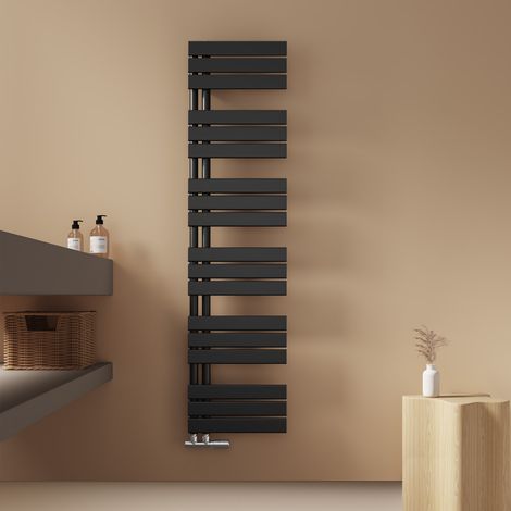 EMKE Badheizkörper Flach 1599x400 mm Schwarz Handtuchwärmer Handtuchtrockner, Panel Handtuchhalter Seitenanschluss für Bad Warmwasser 684W (1/5)