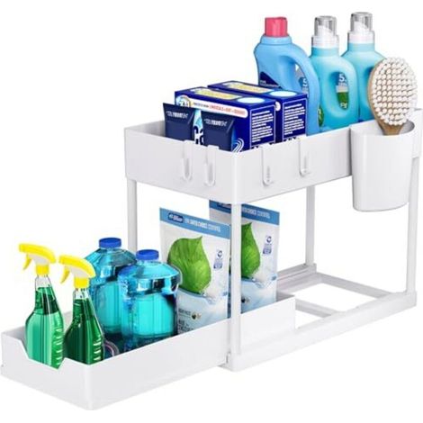 1-piece set: Two-tier sink organizer with removable drawers, pull-out under-sink storage, cabinet organizer, shelf, sliding basket for the kitchen – White