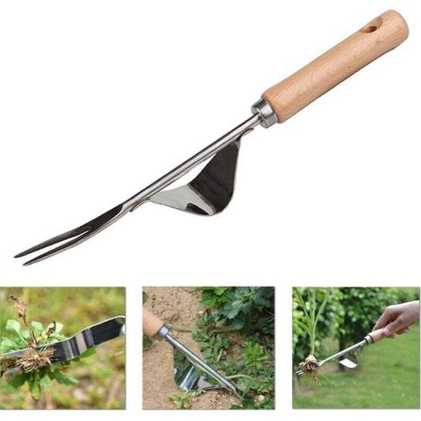 Jardinière manuelle, désherbeur manuel, désherbeur en acier inoxydable avec manche en bois (1 pièce) (1/4)