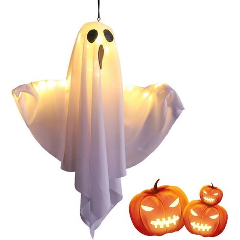 (Weiße) Halloween-Hängeleuchte mit Geistermotiv, Halloween-Geisterdekoration mit LED-Licht, große, leuchtende weiße Stoffgeister zum Aufhängen (1/5)