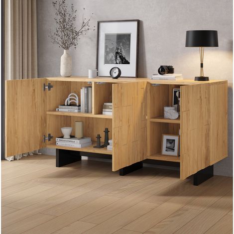 Buffet 3 portes en bois clair, meuble de rangement avec 5 compartiments, portes à motif gaufré et ouverture Push-to-Open, fermeture douce, pour salon ou cuisine CHICFURN (1/5)