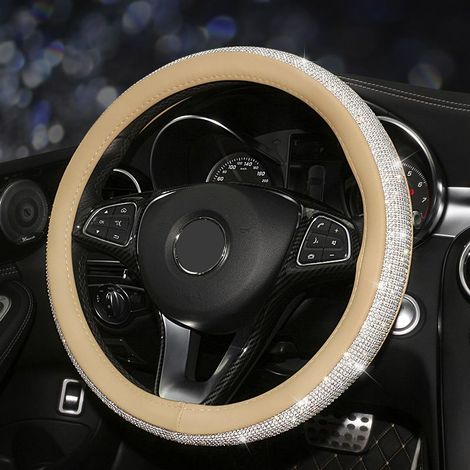 Couvre Volant Universelle en Cristal, Housse Volant Voiture 38cm en Cuir avec Paillette Diamant Bling Strass pour Femmes Decoration Voiture (Beige-Blanc) (1/3)
