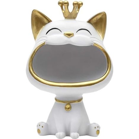 Statuette décorative en forme de chat blanc, objet élégant au design moderne, idéale pour ranger de petits objets. Taille unique. Coloris blanc et or. (1/5)