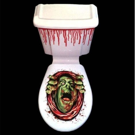Decorazione spettrale per Halloween per il WC. Gocce di sangue da attaccare alla cassetta di scarico. Sul sedile del WC, uno zombie cerca di strisciare fuori dalla tazza. Autoadesiva e facile da appli (1/4)