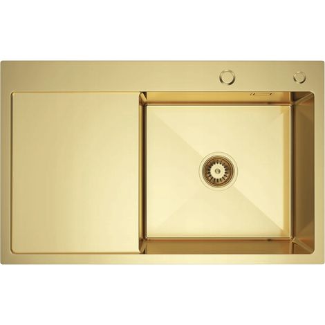 Vergoldetes Stahlwaschbecken mit linksseitiger Abtropffläche 78x49 NAYES + Spender + Siphon