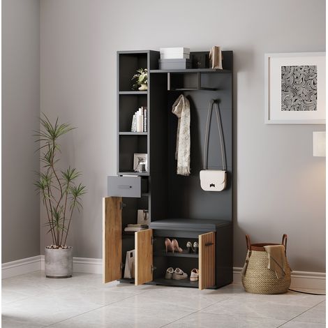 Mobile scarpiera ingresso 80 x 35 x 175 cm con 2 ganci, 2 armadi e panca DESVIAE (1/5)