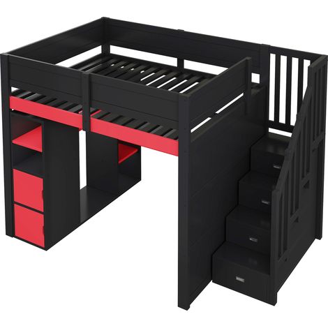 CAIziLit mezzanine gaming 140x200 avec bureau LED USB escalier noir rouge (1/5)