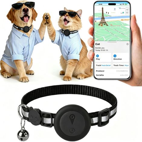 Collare per gatti GPS 2 in 1, collare per cani GPS riflettente, tracciamento in tempo reale e funzioni anti-smarrimento, nessun abbonamento, iOS/Android, collare regolabile con campanello, adatto per (1/5)