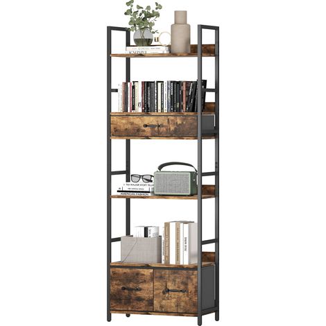 Industrial Style Bookcase, with 4 Shelves 3 Fabric Drawers - Brown/Black (1/5)