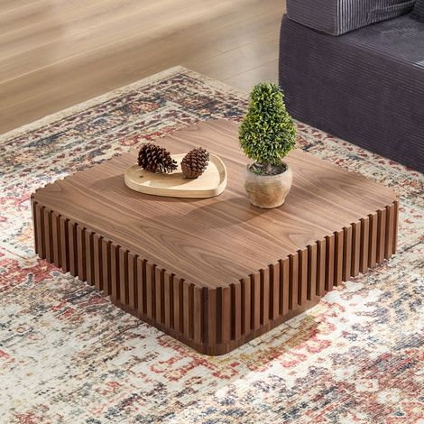 Quadratischer Couchtisch 80 x 80 x 35 cm aus MDF in Walnussoptik mit Holzrahmen (1/5)