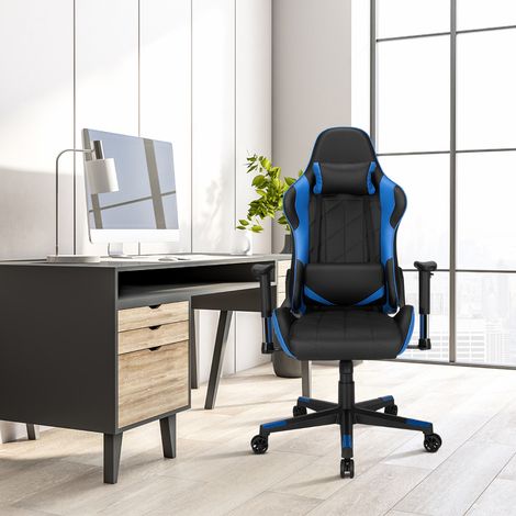 Chaise Gaming Réglable à Dossier Inclinable de 90°-160° avec Appui-tête Renfort Lombaire et Accoudoirs Rembourrés Bleu (1/5)