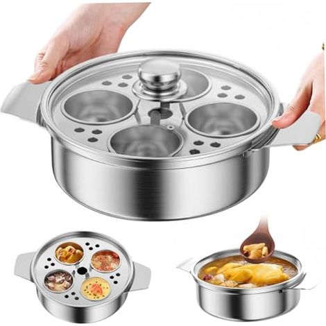 Cuociuova in camicia in acciaio inox con 4 tazze, pentola antiaderente multiuso per fornelli con manico per pentole, padelle e pentole a pressione, cuociuova in camicia, macchina per cuocere in camici (1/5)
