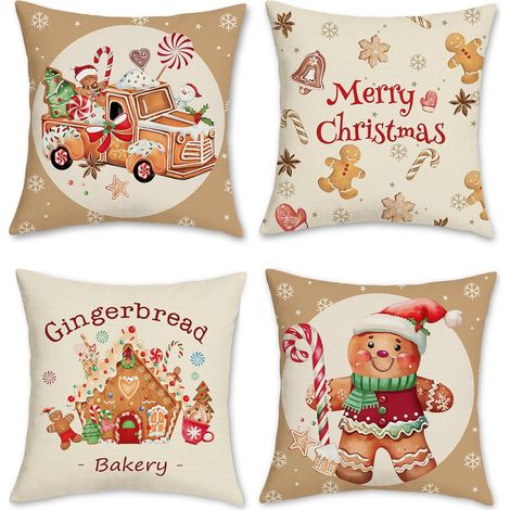 Weihnachtlicher Lebkuchen-Kissenbezug, 45 x 45 cm, Bäckerei-Truck, Weihnachts-Kissenbezug aus Polyester-Leinen, dekorativer Kissenbezug für Sofa, Schlafzimmer, Zuhause, Winterferien-Dekoration, 4 Stüc (1/5)
