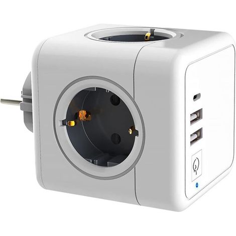 Multiprise murale cube 4 prises 16A – 2 ports USB Type A + 1 Type C (MAX 3.1A) – Protection surtension 350 joules – Compact 7,5x7,5x11,5 cm (1/5)