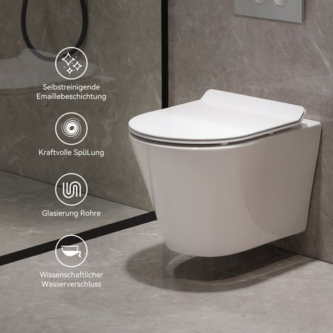WC suspendu WC mural avec abattant avec système d'abaissement automatique – WC en céramique avec revêtement nano – chasse d'eau Superspin monotrou – 48,5 × 35,5 × 35,5 cm (1/5)
