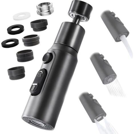 Aérateur de Robinet, 360° Pivotant Embout Robinet Cuisine avec 3 Modes Douchette Mousseur Robinet Economie Eau, Adaptateur Economiseur D'eau Pour Robinet Salle De Bain lavabo (Noir)