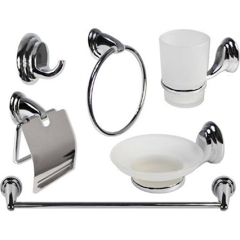 Trade Shop - Set 6pz Bagno Acciaio Cromato Vetro Satinato Arredo Casa Sapone Spazzolini 69985 -