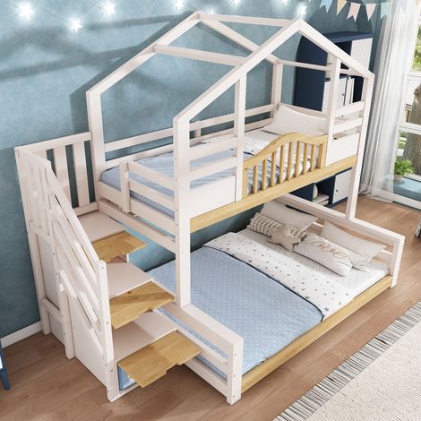Lit superposé enfant cabane 90x200 et 140x200 avec escalier de rangement et étagères, lit familial 3 places bois massif blanc (1/5)