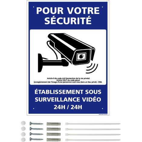 Panneau de signalisation prépercé PVC ou ALU rectangulaire + kit de fixation - Pour votre sécurité, établissement sous surveillance vidéo - PVC 1 mm - 300 x 420 mm