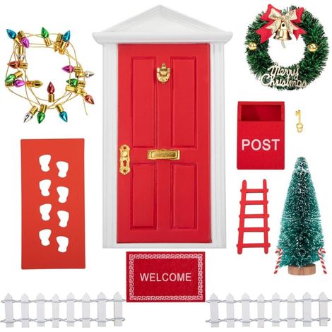 Kit Porte Lutin de Noël, Lutin Farceur de Noel, Miniature DIY Ensemble D'accessoires Maison De Poupée, avec Sapin de Noel, Couronne, Echelle, Clôture, Tapis, Decoration Cadeaux Enfants