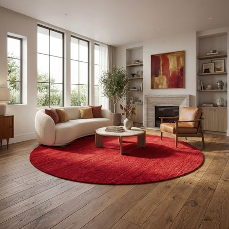 Tapis Gabbeh tissé Tapis Uni - Tapis en laine - 150x150cm, Round - 100% Laine vierge - Tissé main - Rouge