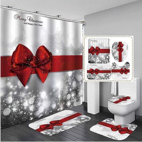 Rideau De Douche Noel - 180x180 Cm - Tapis De Bain Non Glissant - Couvre-Réservoir Toilette - Set 4 Pièces (1/5)
