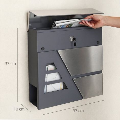 Boîte aux lettres murale étanche avec porte-journaux et 2 clés pour mur extérieur,gris foncé