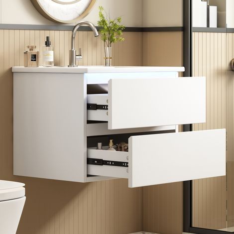 Lavabo mural de 61 × 46 × 45 cm, finition laquée de haute qualité, doté d’un éclairage LED à capteur radar, deux tiroirs à glissières silencieuses, cuvette intégrée, design minimaliste, couleur blanch (1/5)