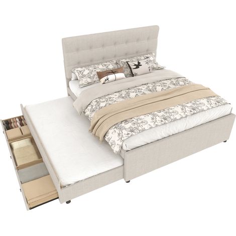 Lit double 140x200 avec lit gigogne, 3 tiroirs de rangement et tête de lit réglable, lit rembourré en tissu beige sans matelas pour chambre adulte – CHICFURN (1/5)