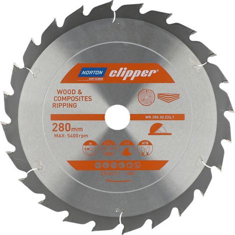 Sierra circular Norton 280 mm (3,0 / 2,0), corte transversal y suave para madera y materiales compuestos, 24 dientes, carburo y acero, 9500 rpm, diámetro 30 mm, sierra de mesa (1/2)
