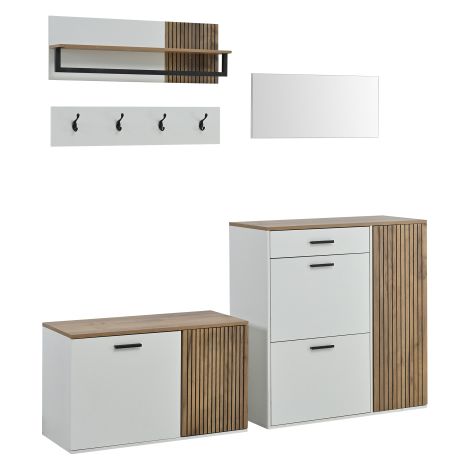 Ensemble armoire à chaussures + portemanteau 5 pièces avec banc à chaussures, miroir, compartment suspendu et panneau à 4 crochets (1/5)
