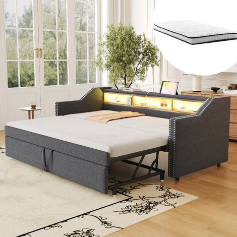 Ausziehbares Polsterbett und Schlafsofa mit Stauraum, LED-Beleuchtung & USB, 90/180x190 cm, inkl. 2 Federkernmatratzen, Leinenstoff Dunkelgrau (1/5)
