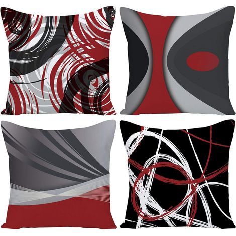 Lntyq 4er-Set moderne abstrakte Kissenbezüge, Streifen, Rot, Grau, Schwarz, Weiß, Acryl, kräftiges Grau, dekorative Kissenbezüge, Heimdekoration, quadratisch, 45,7 x 45,7 cm (1/5)