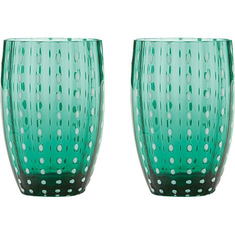 Zafferano Perle Bicchiere Verde - Vetro Colorato Soffiato a Bocca, 32 cl, Lavorato a Mano - Set da 2 Tumblers Artigianali per Acqua o Cocktail